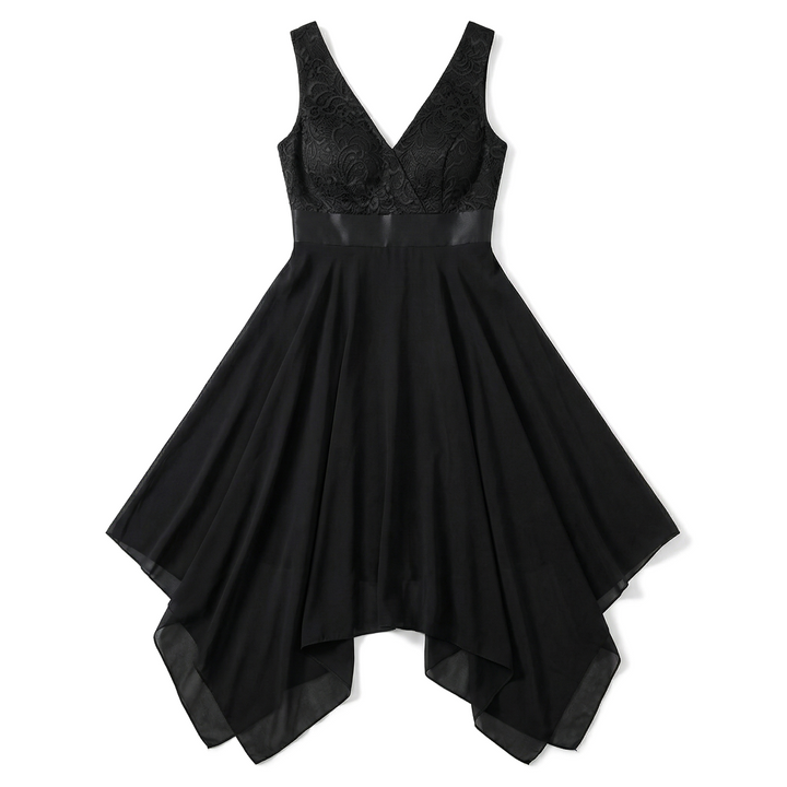 Elara Chiffon Lace Dress - Color:Black;Size:XS