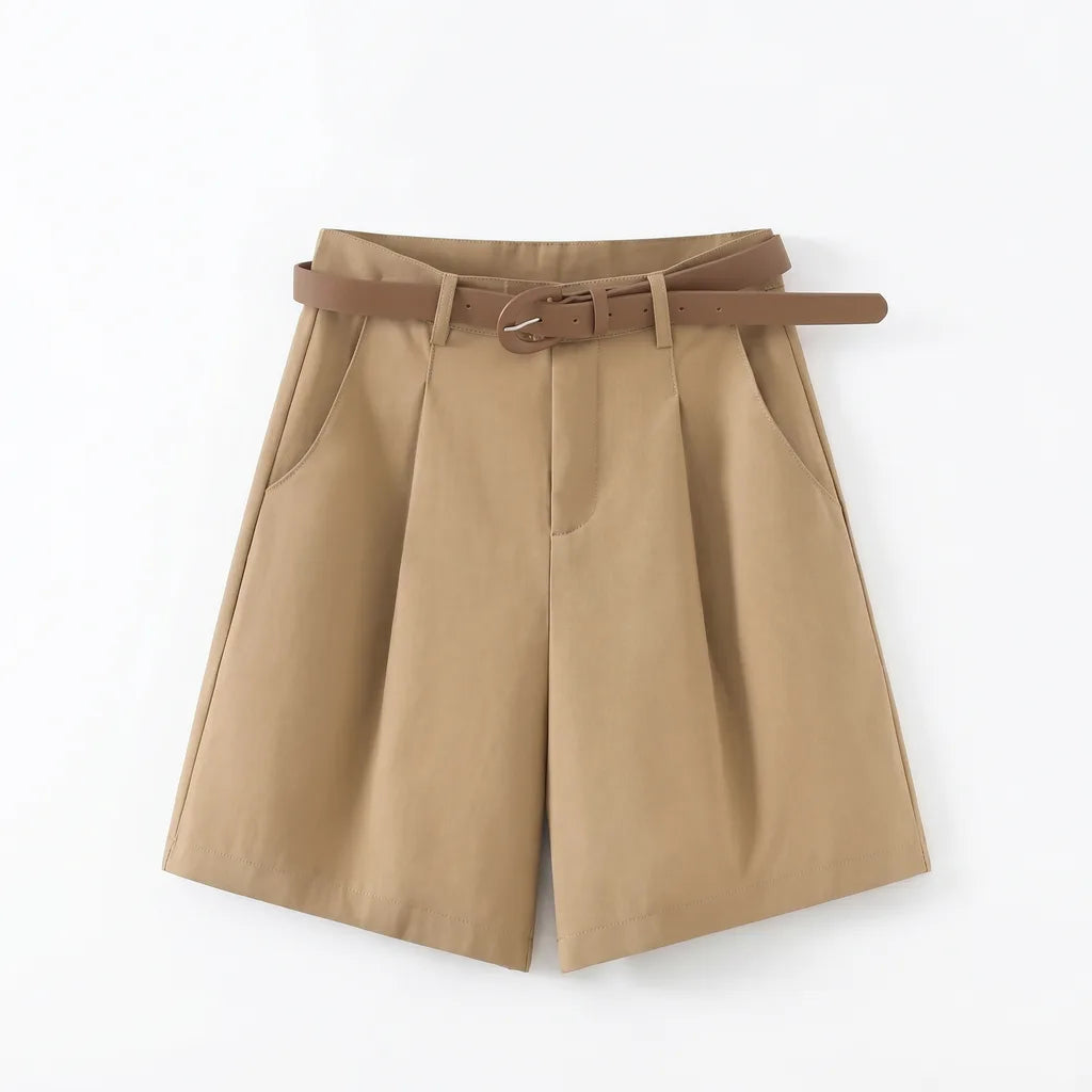 Elara High-Waist Cargo Shorts - Color:Khaki;Size:XS
