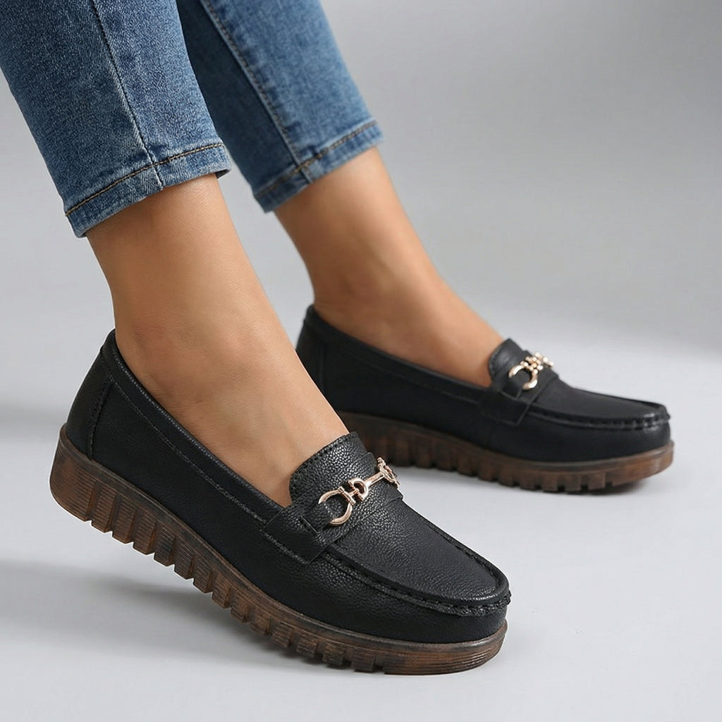 Elara Leather Buckle Loafers - Color:Black;Size:35