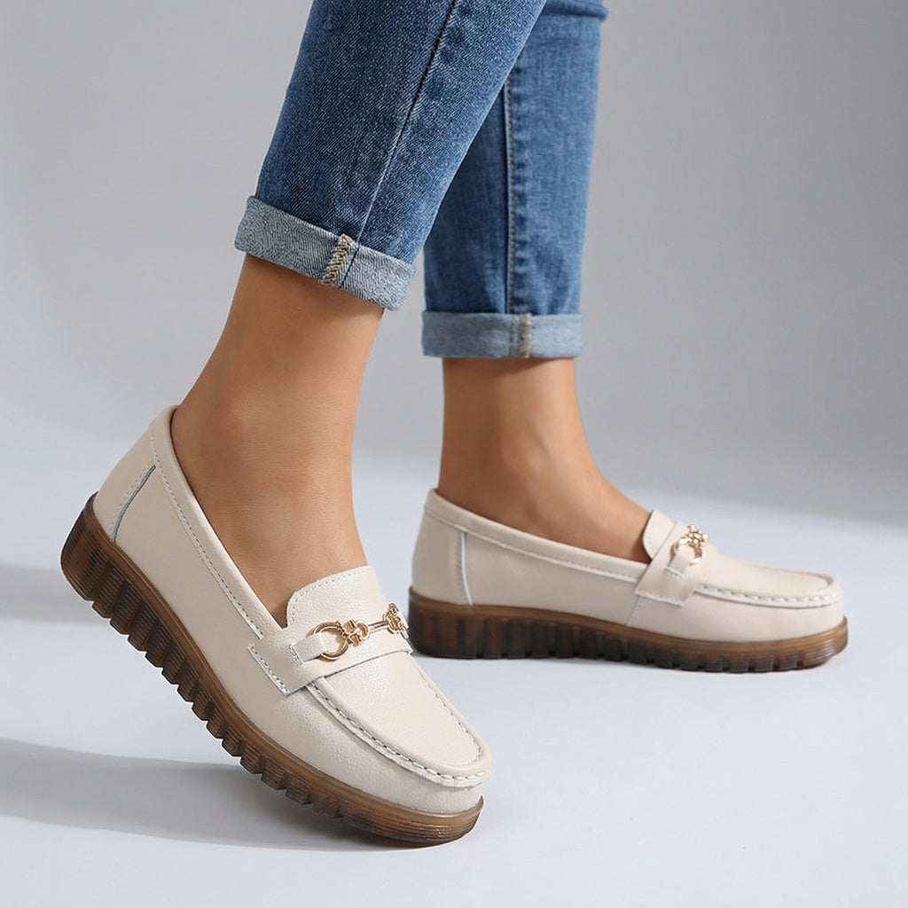 Elara Leather Buckle Loafers - Color:Cream;Size:35