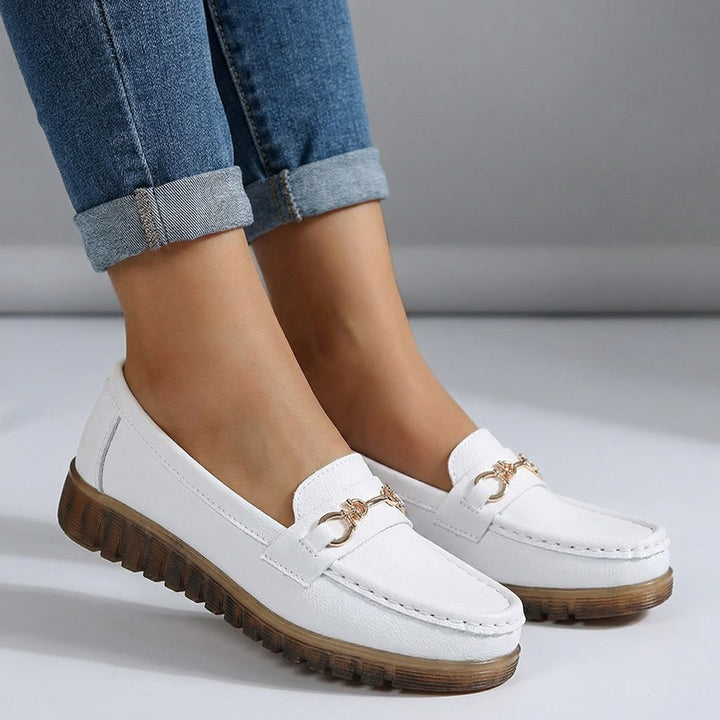 Elara Leather Buckle Loafers - Color:White;Size:35