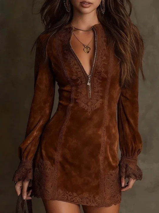 Elise | Women's Victorian Mini Dress - Color:Mocha Brown;Size:XS