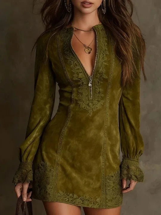 Elise | Women's Victorian Mini Dress - Color:Olive Green;Size:XS