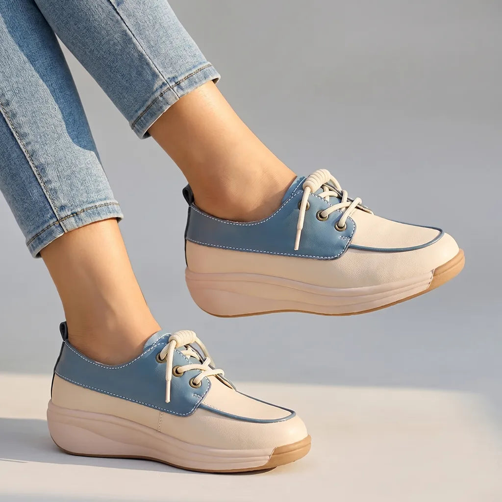 Eliza Wedge Slip-On Flats - Color:Beige-Blue;Size:35
