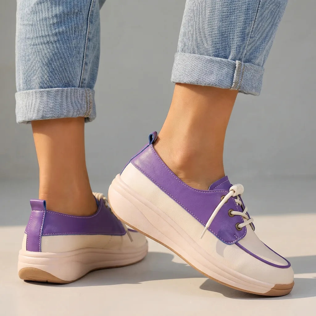 Eliza Wedge Slip-On Flats - Color:Beige-Purple;Size:35