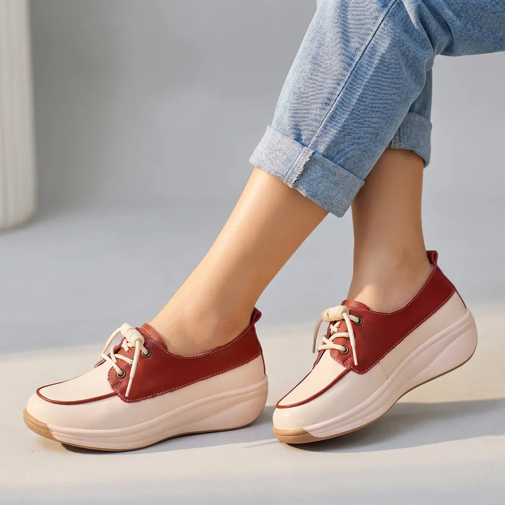 Eliza Wedge Slip-On Flats - Color:Beige-Wine Red;Size:35