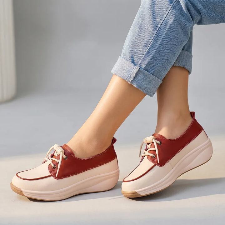 Eliza Wedge Slip-On Flats - Color:Beige-Wine Red;Size:35