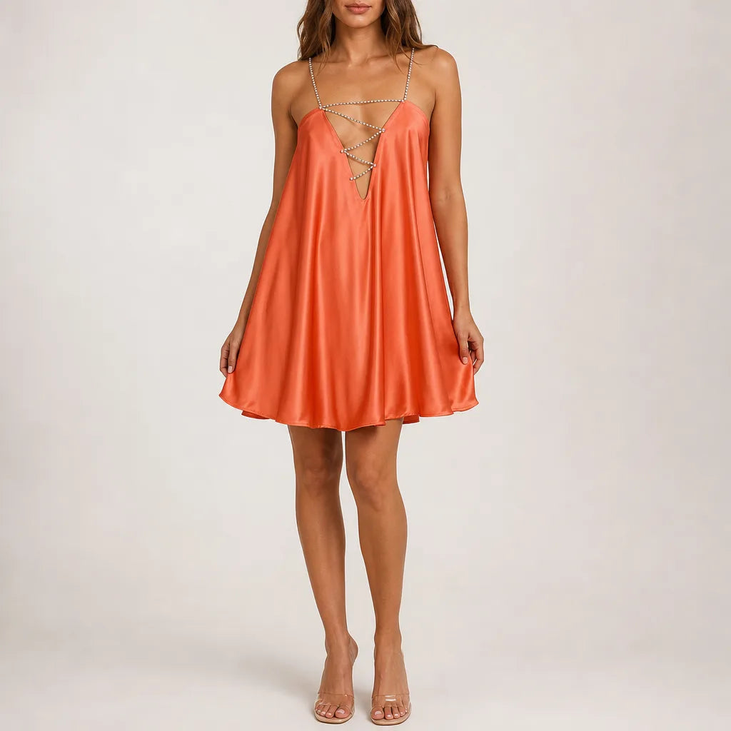 Elle Deep V Chain Dress - Color:Orange;Size:S