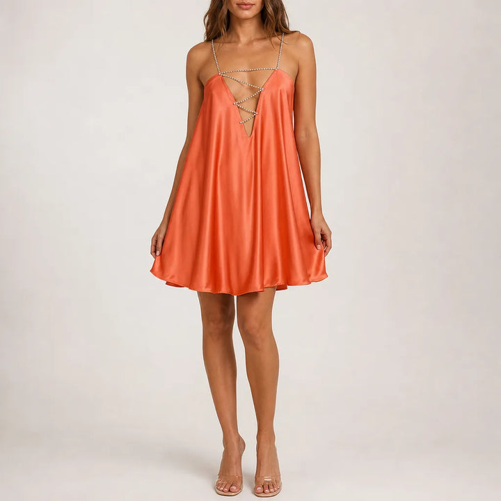Elle Deep V Chain Dress - Color:Orange;Size:S