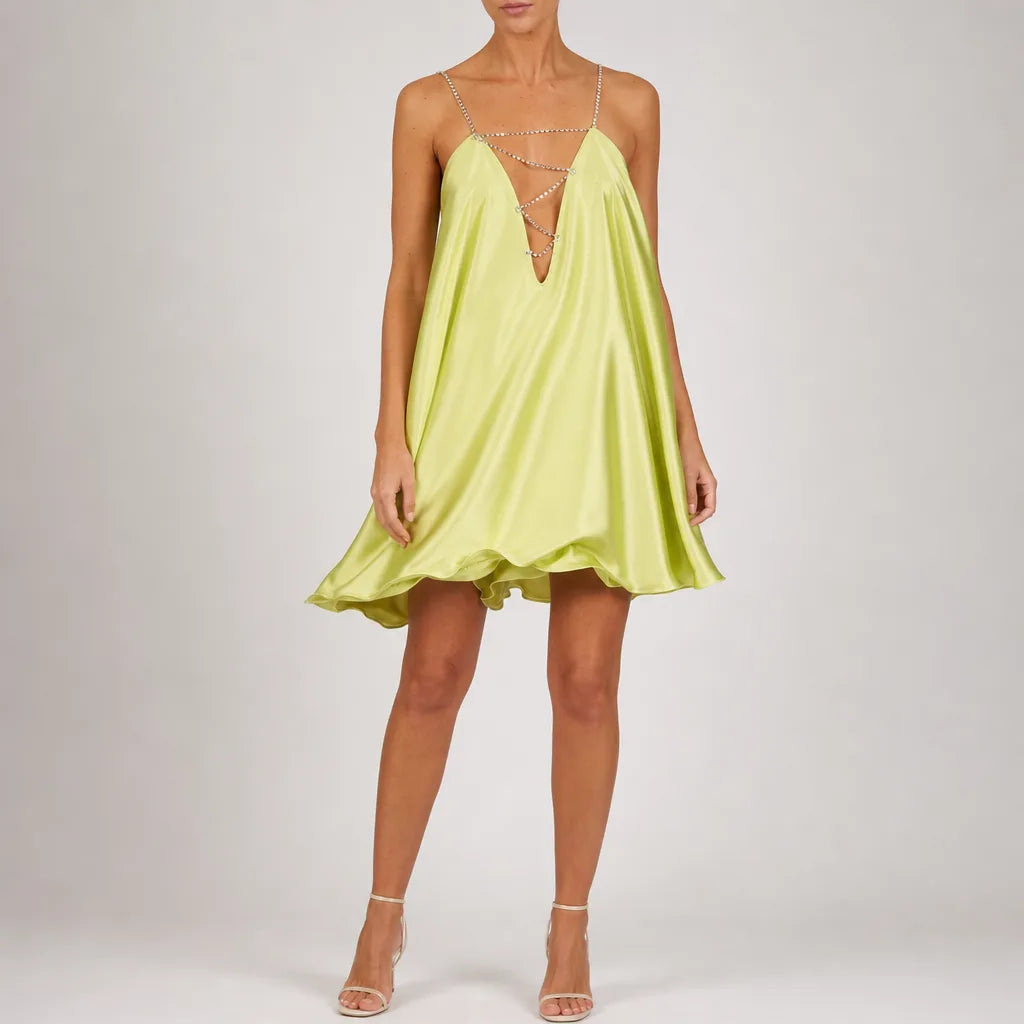 Elle Deep V Chain Dress - Color:Yellow;Size:S