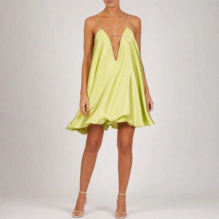 Elle Deep V Chain Dress - Color:Yellow;Size:S