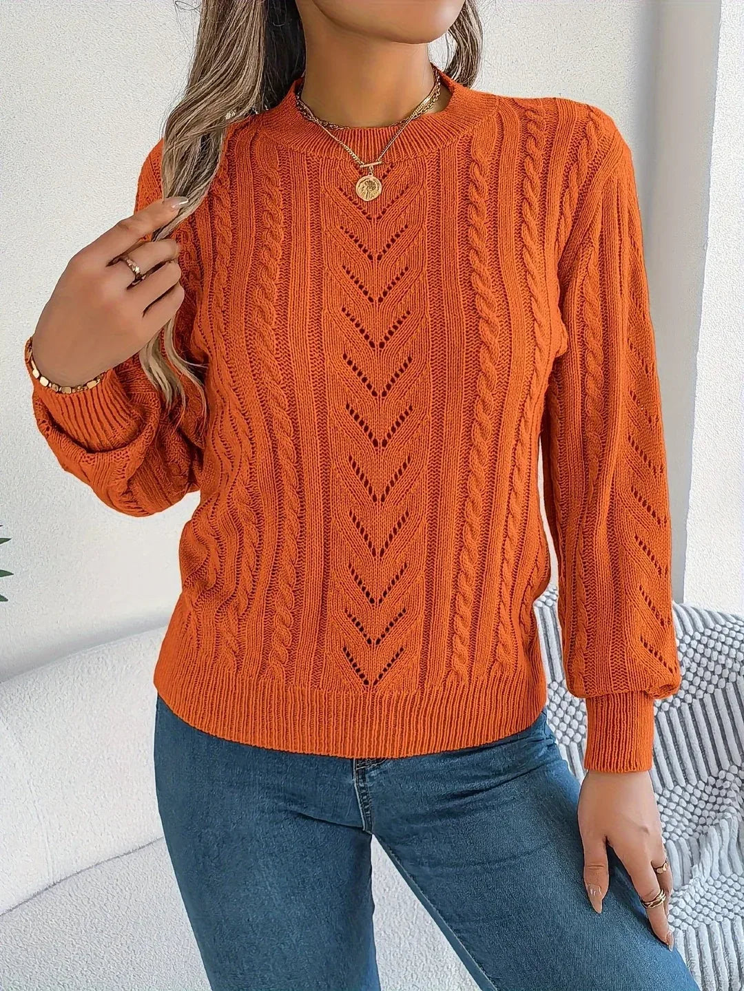 Ellen | Women's Cable Knit Sweater - Color:Red-Orange;Size:XS