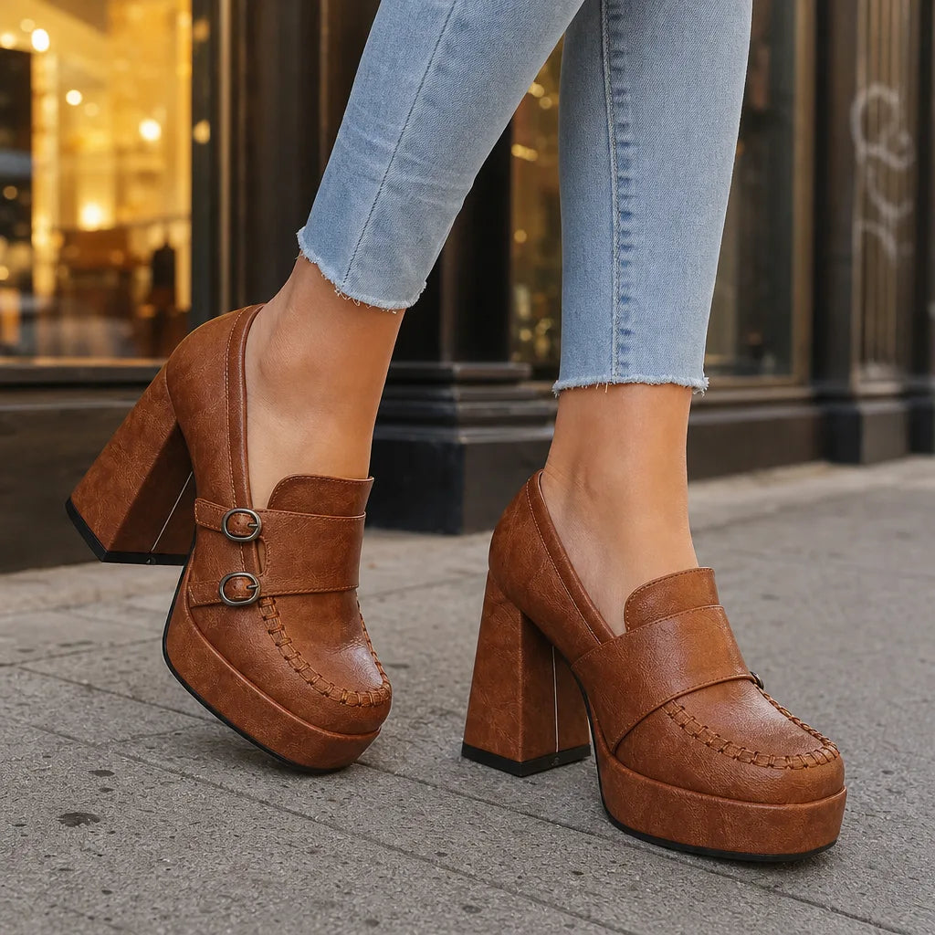 Women's Cognac Elsa | Women's Orthopedic Block-Heel Loafers