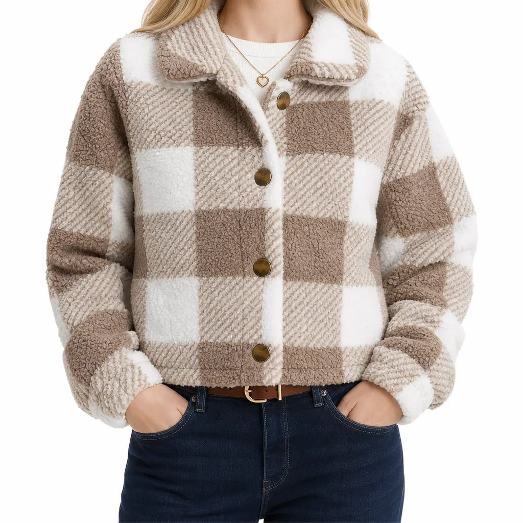 Emily | Women's Warm Plaid Jacket  - Color:Khaki;Size:XXS