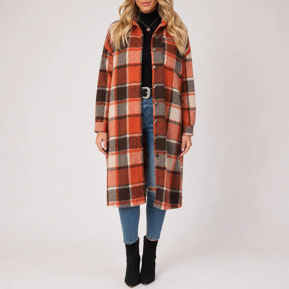 Eryn | Women's Plaid Trench Coat  - Color:Tangerine;Size:XS