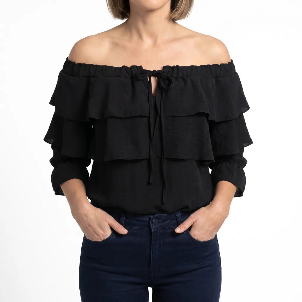 Estella | Women's Off-Shoulder Ruffle Blouse - Color:Black;Size:XS