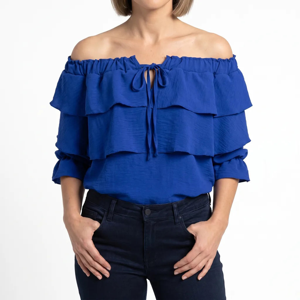 Estella | Women's Off-Shoulder Ruffle Blouse - Color:Blue;Size:XS