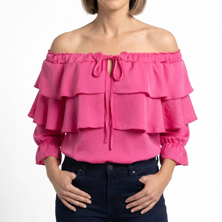 Estella | Women's Off-Shoulder Ruffle Blouse - Color:Pink;Size:XS