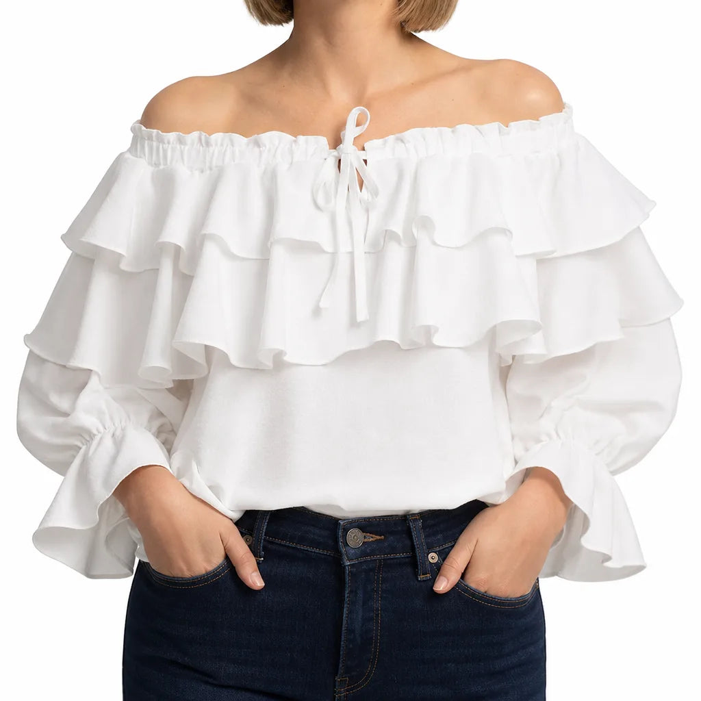 Estella | Women's Off-Shoulder Ruffle Blouse - Color:White;Size:XS