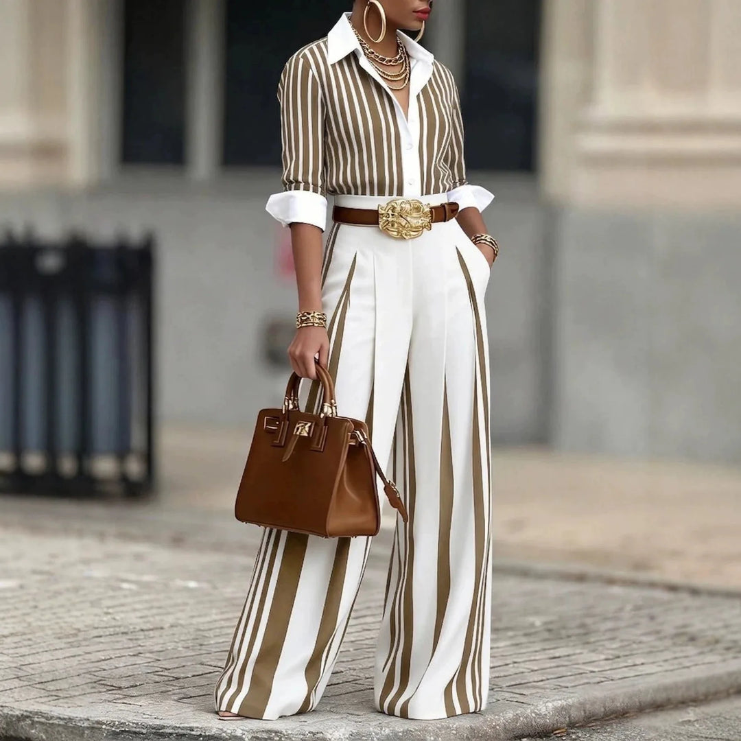 Fannie | Women's Elegant Striped Wide-Leg Co-Ord Set - Color:Beige;Size:XS