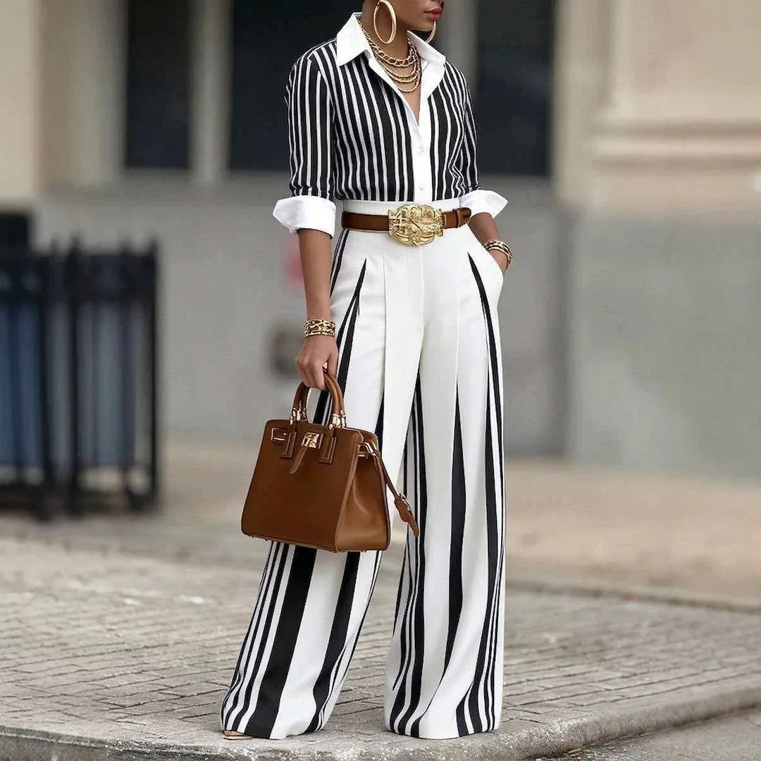 Fannie | Women's Elegant Striped Wide-Leg Co-Ord Set - Color:Black;Size:XS