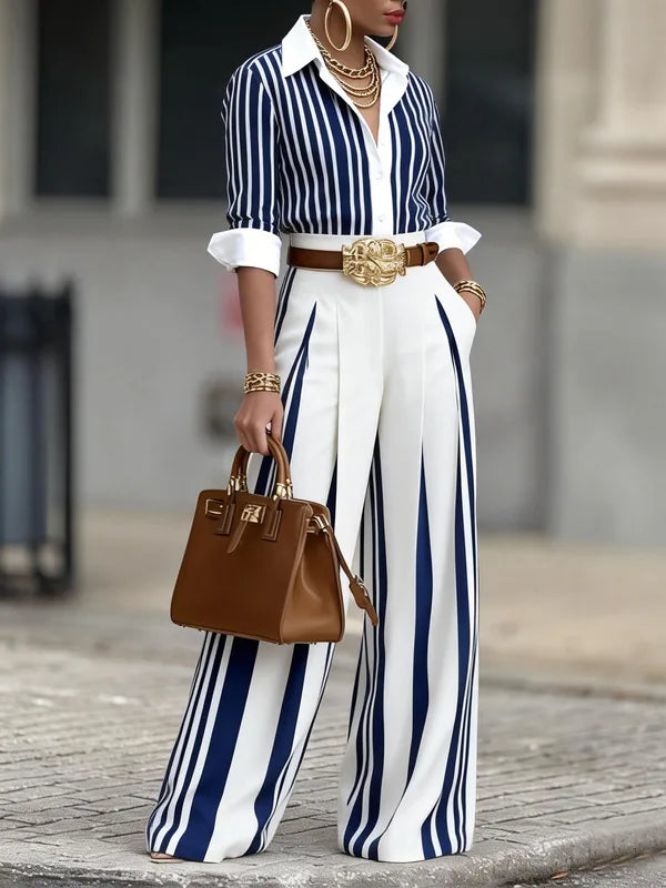 Fannie | Women's Elegant Striped Wide-Leg Co-Ord Set - Color:Blue;Size:XS