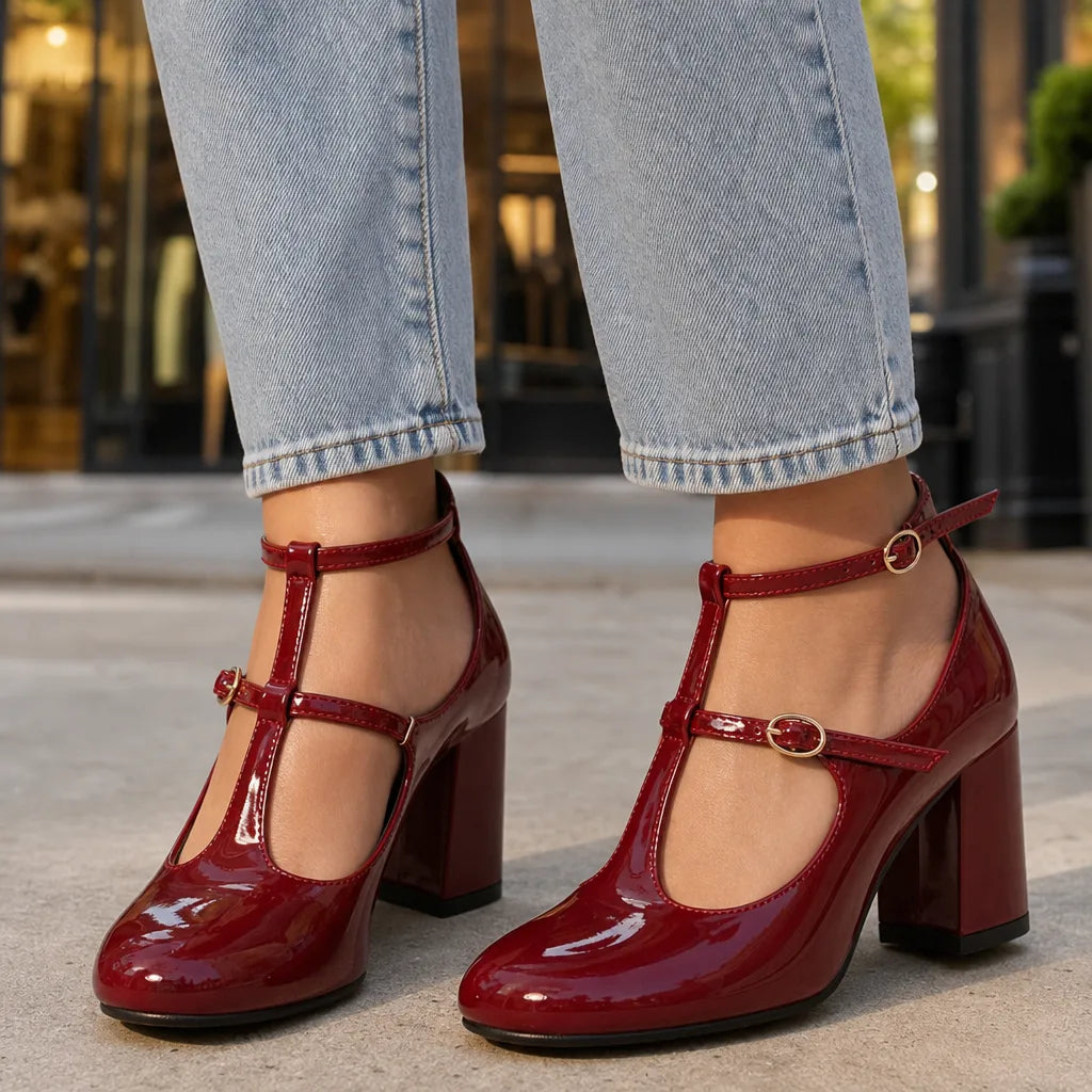 Women's Burgundy Faraday | Women's Orthopedic Ankle-Strap Mary Jane Heels