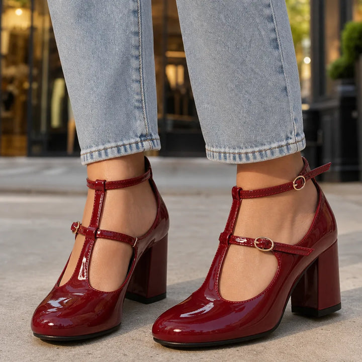 Women's Burgundy Faraday | Women's Orthopedic Ankle-Strap Mary Jane Heels