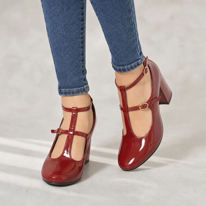 Faraday | Women's Orthopedic Ankle-Strap Mary Jane Heels - Color:Burgundy;Size:37