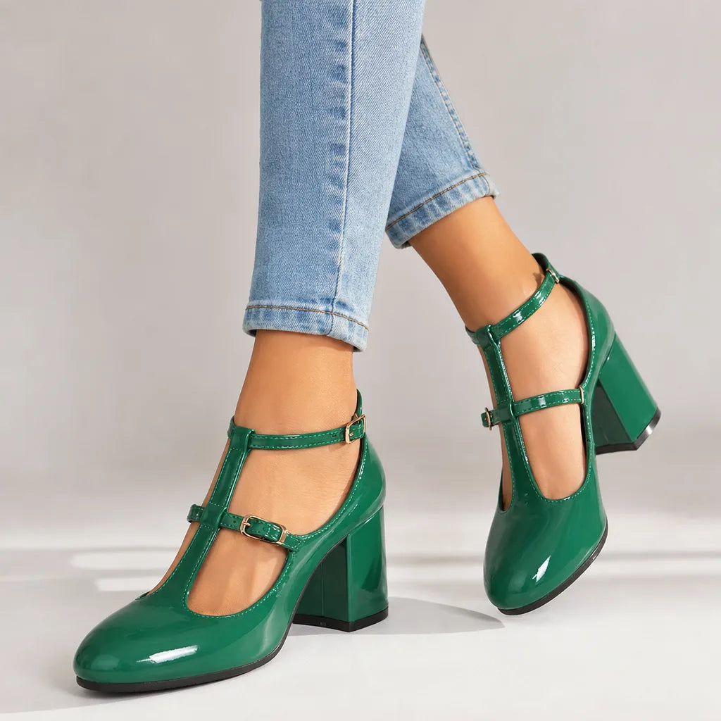 Faraday | Women's Orthopedic Ankle-Strap Mary Jane Heels - Color:Green;Size:37