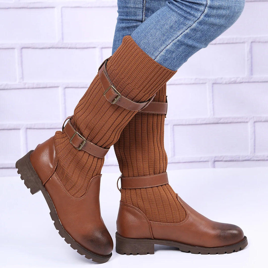 Felicity | Women's Knee High Knit Boots - Color:Brown;Size:35