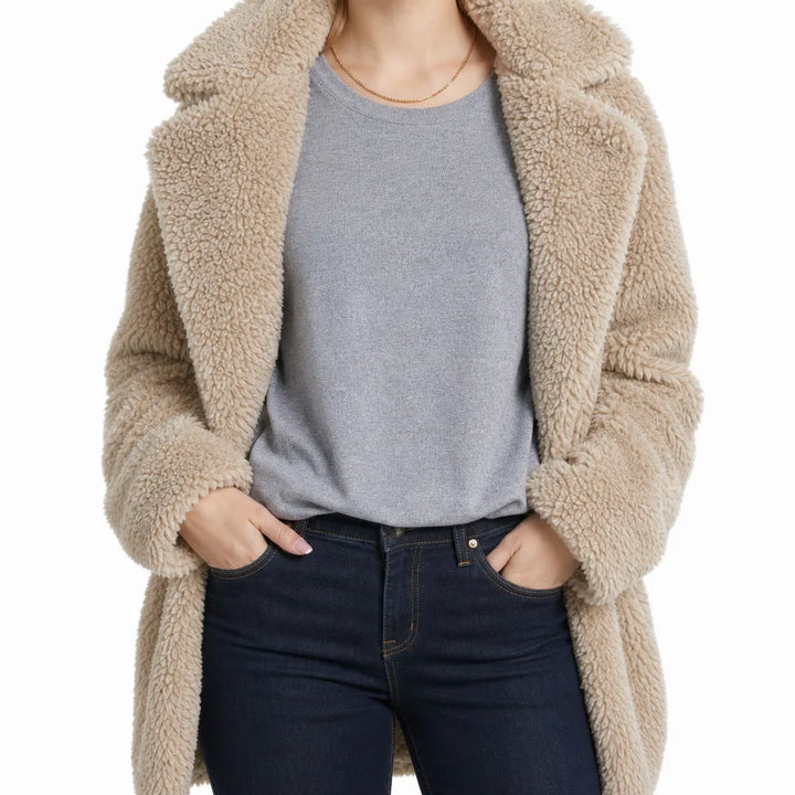 Fenna | Plush Longline Teddy Coat for Fall - Color:Beige;Size:XS