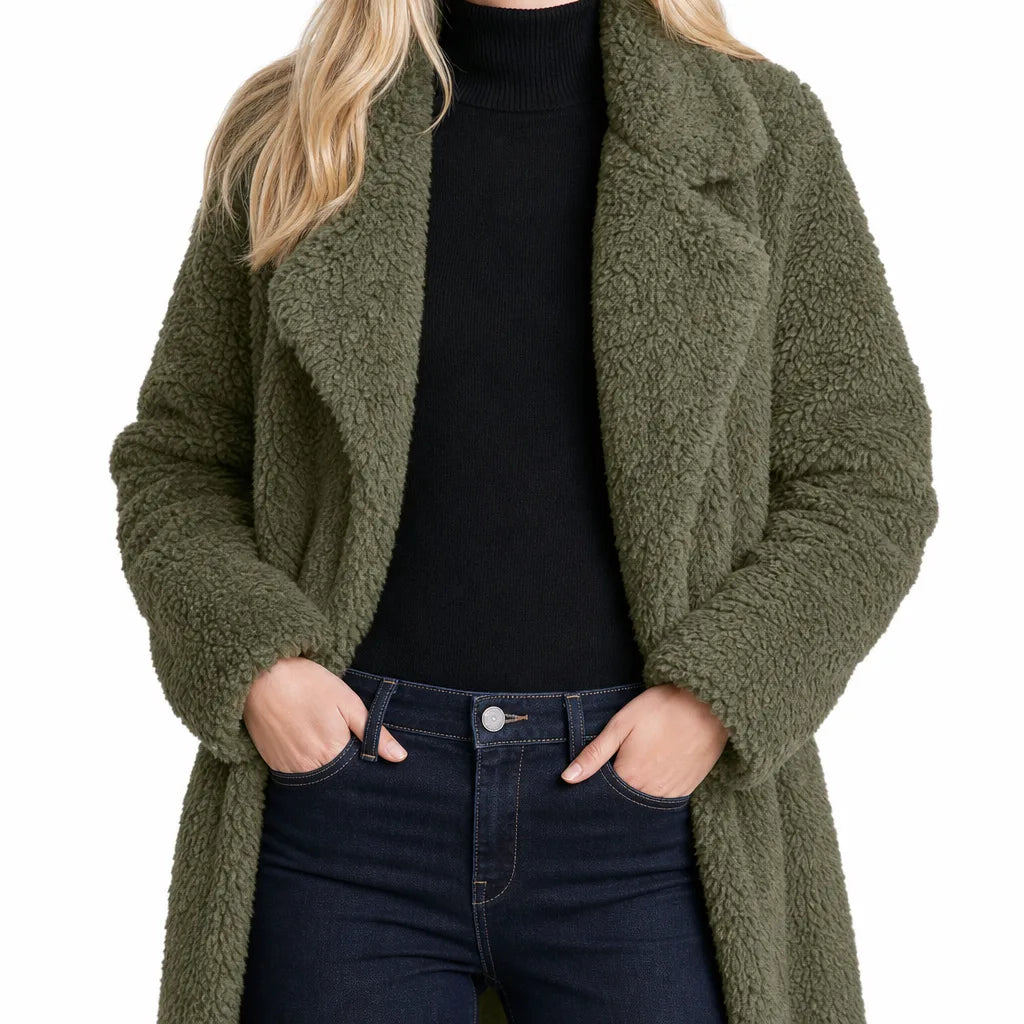 Fenna | Plush Longline Teddy Coat for Fall - Color:Green;Size:XS