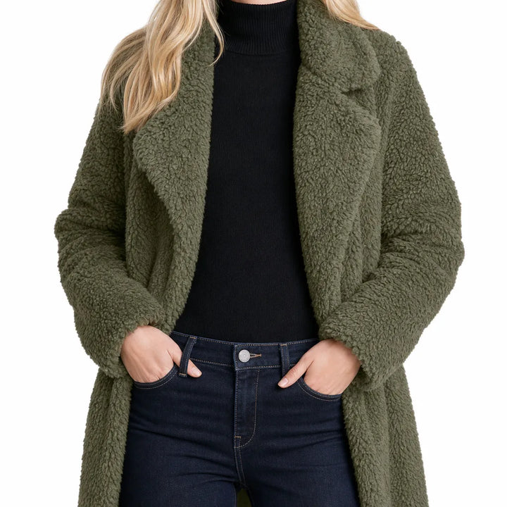 Fenna | Plush Longline Teddy Coat for Fall - Color:Green;Size:XS