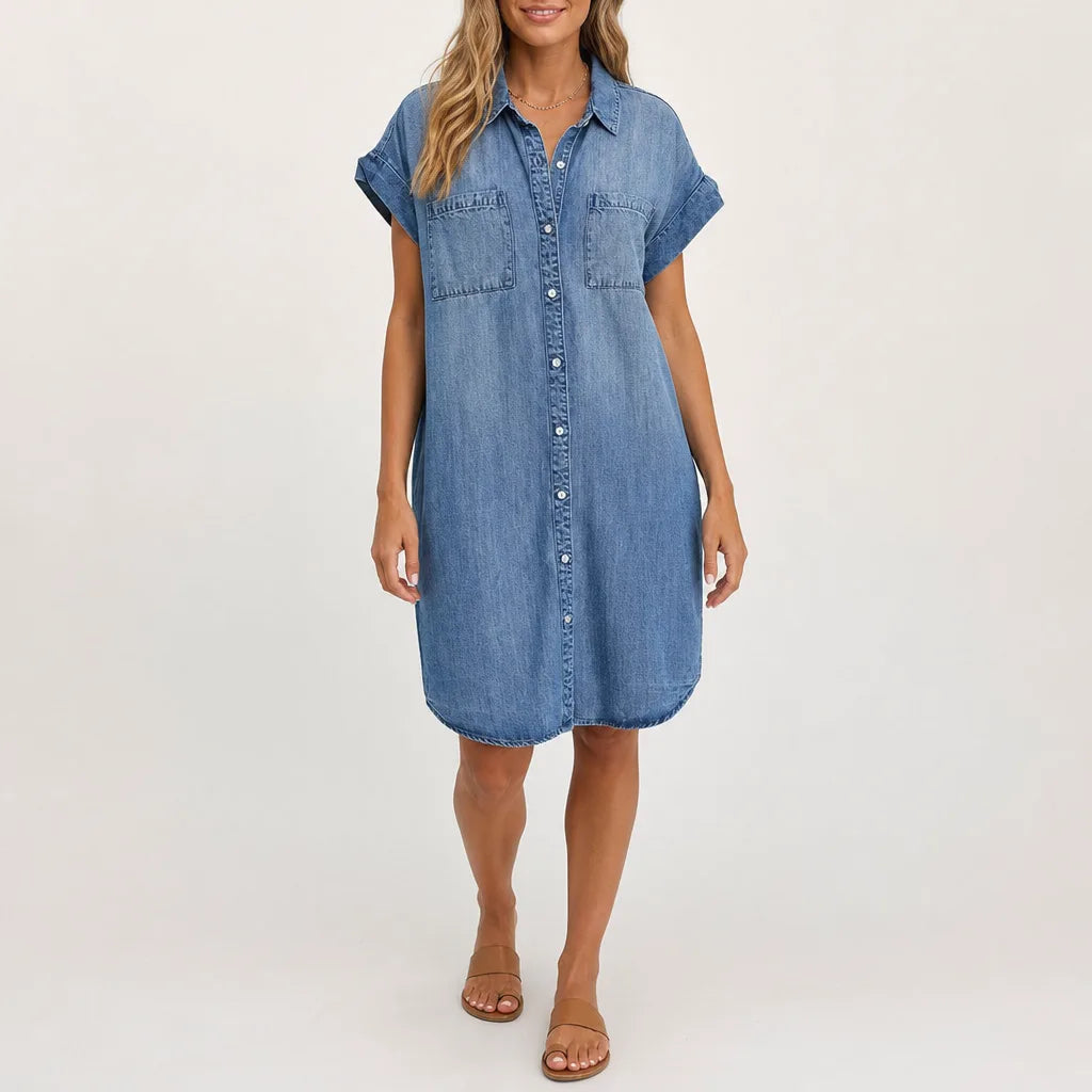 Fiona Denim Shirt Dress - Color:Blue;Size:XS