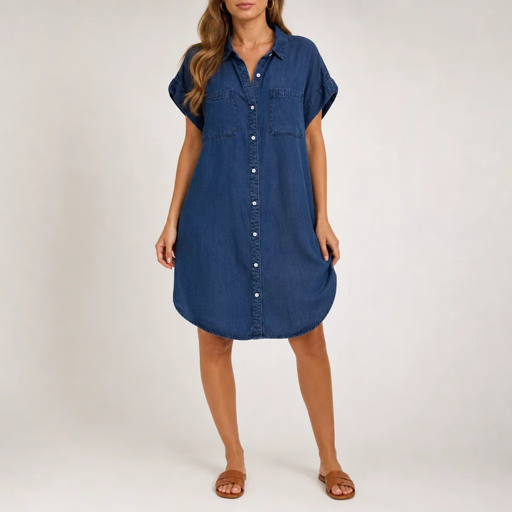 Fiona Denim Shirt Dress - Color:Dark Blue;Size:XS