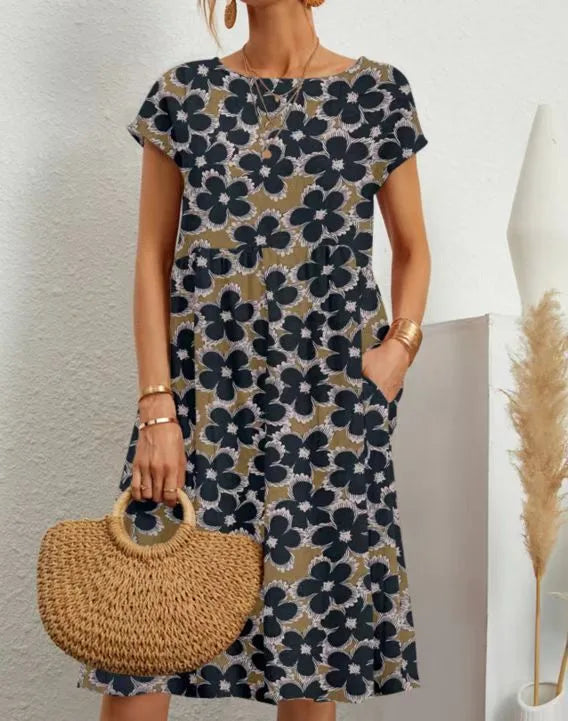 Fiona | Women's Printed Cotton-Linen Midi Dress - Size:S;Color:Blue