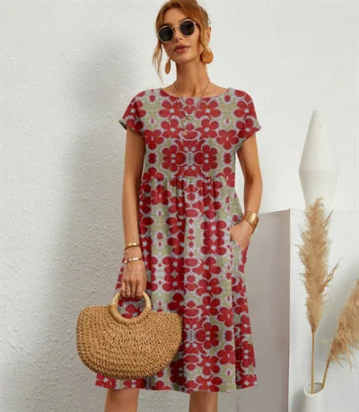 Fiona | Women's Printed Cotton-Linen Midi Dress - Size:S;Color:Red Floral