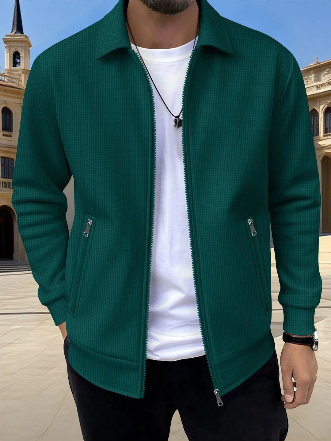 Fitzgerald | Men's Textured Zip Jacket - Size:XS;Color:Dark Green