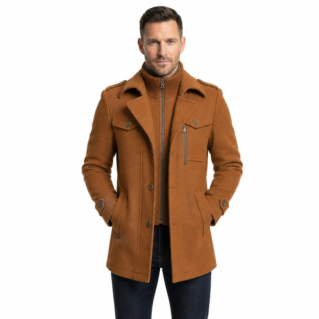 Men's Beige Fleming Double Collar Overcoat