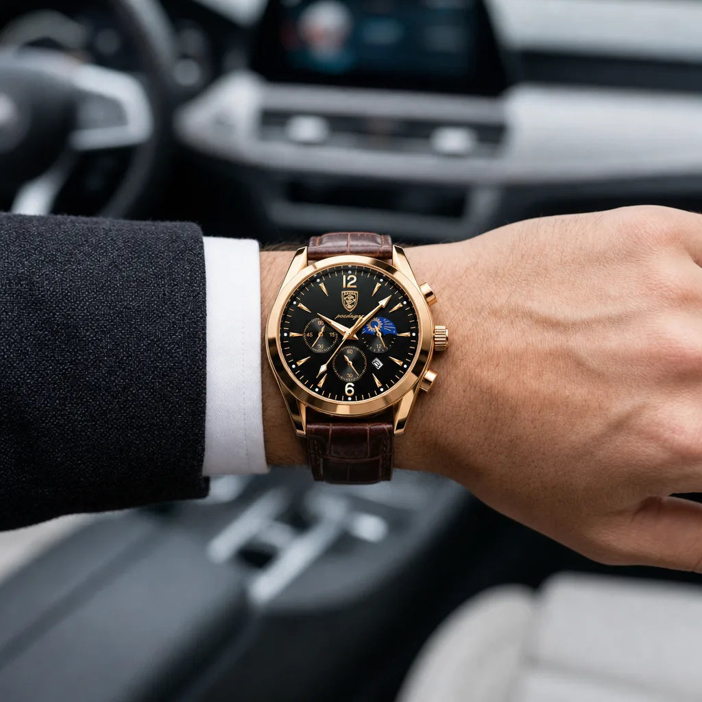 Men's 829 Leather Strap Rose Gold Case Black Dial Harvey Luminous Quartz Watch