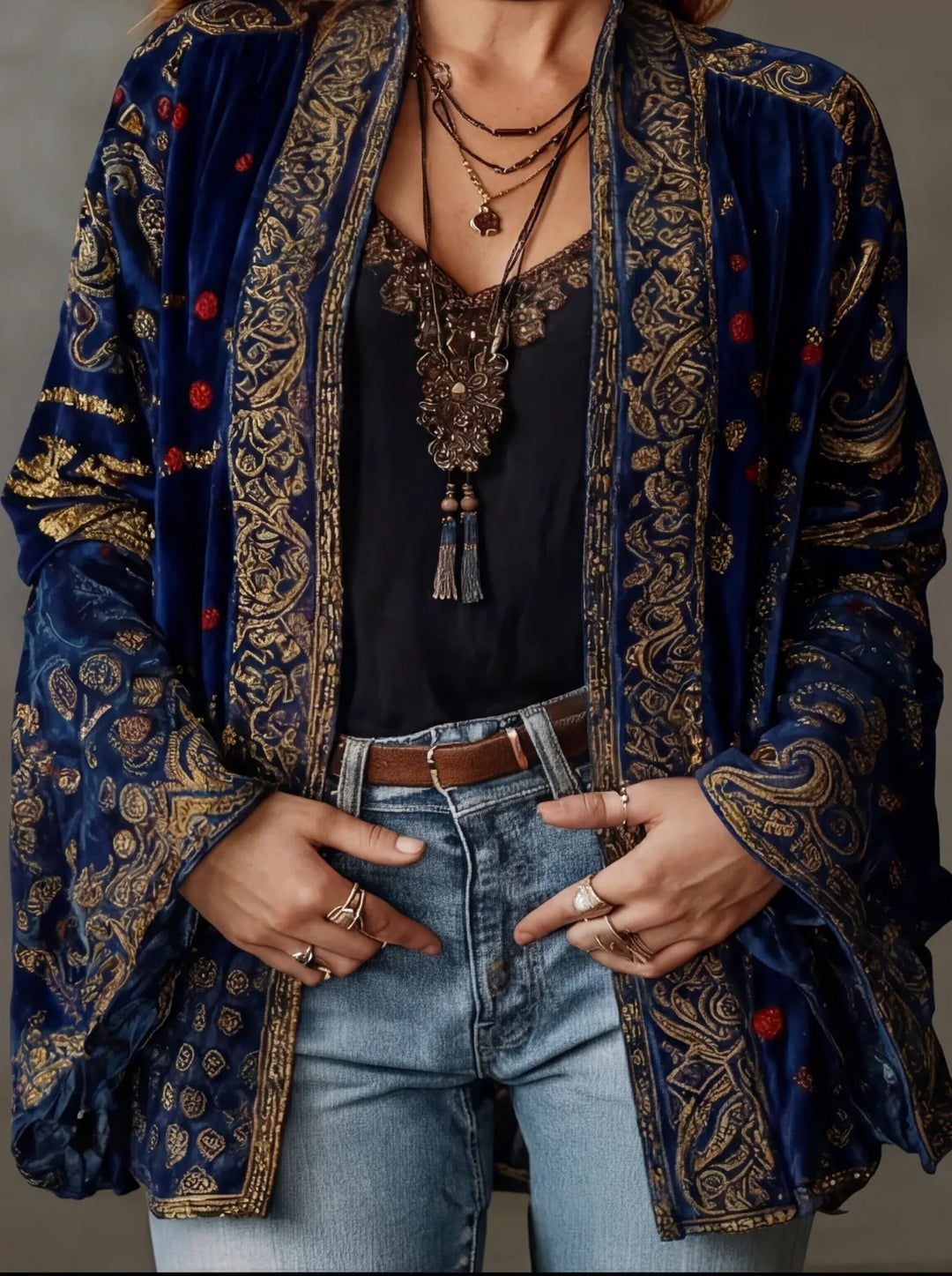 Foley | Women's Boho Kimono Jacket  - Size:XS;Color:Midnight Blue
