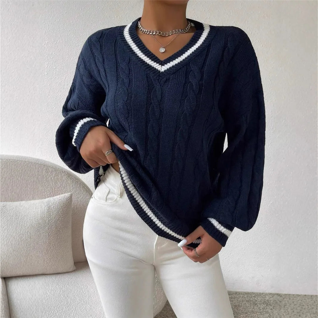Frances | Women's Cable Knit sweater - Color:Navy Blue;Size:XS