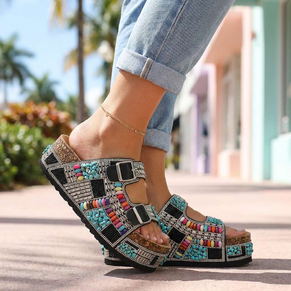 Samantha Beaded Platform Slides