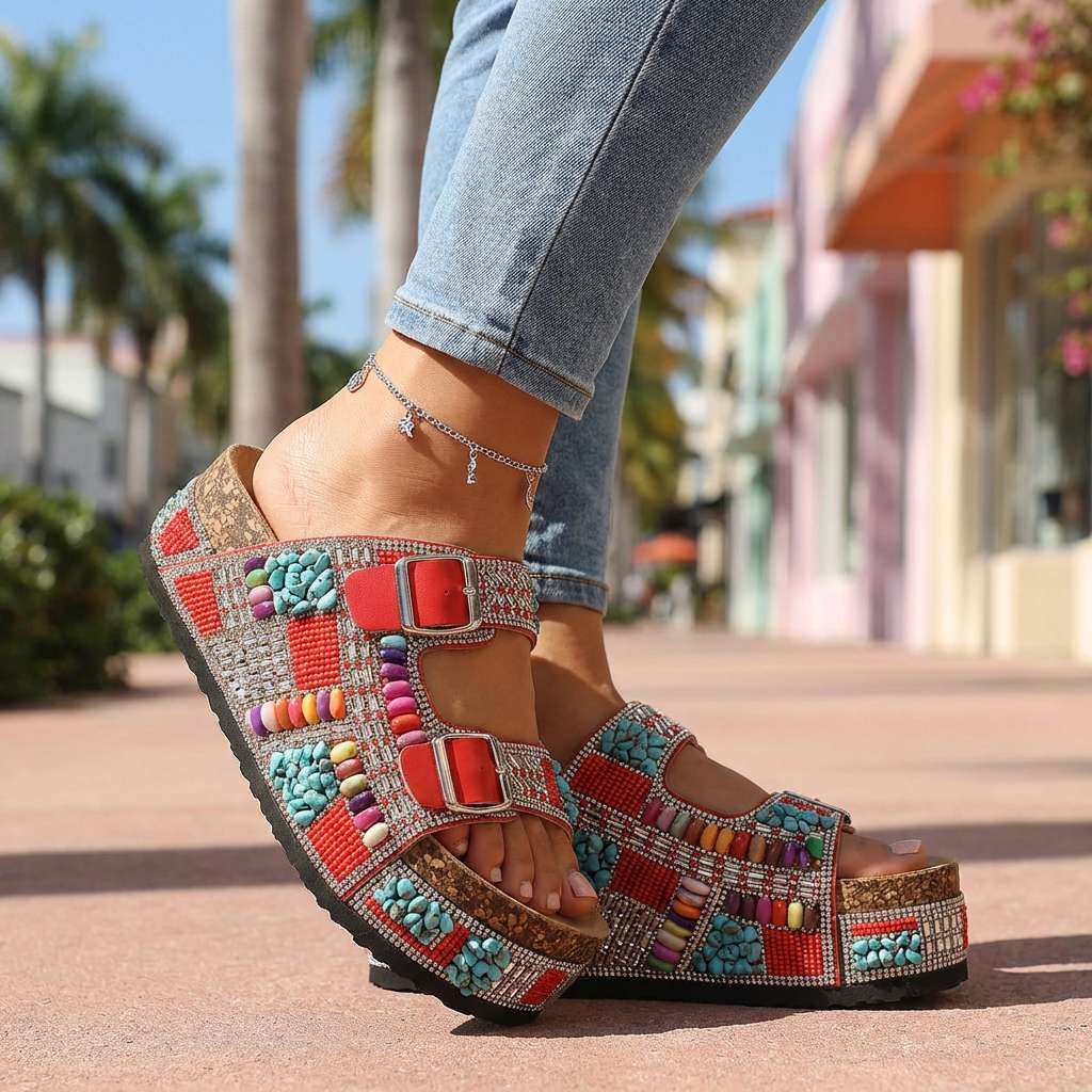Samantha Beaded Platform Slides