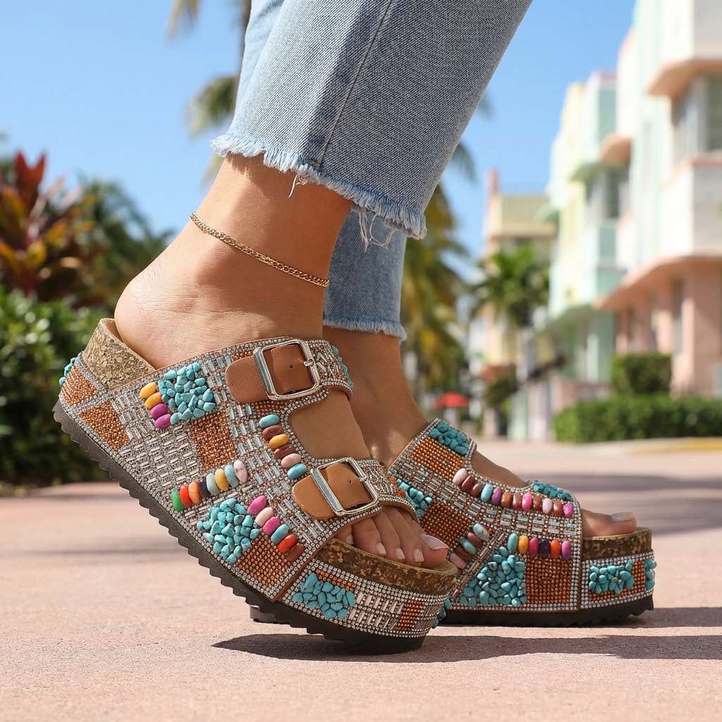 Samantha Beaded Platform Slides