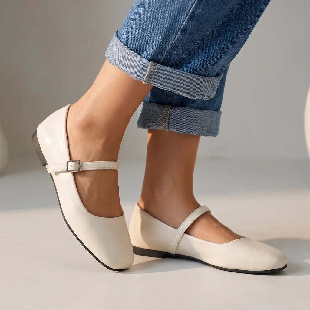 Genevieve | Womens Mary Jane Ballet Flat Shoes - Color:Beige;Size:35