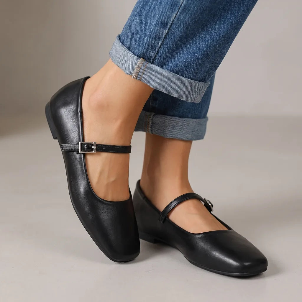 Genevieve | Womens Mary Jane Ballet Flat Shoes - Color:Black;Size:35