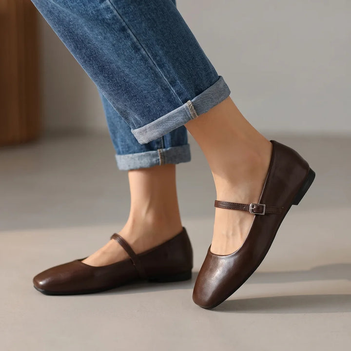 Genevieve | Womens Mary Jane Ballet Flat Shoes - Color:Brown;Size:35