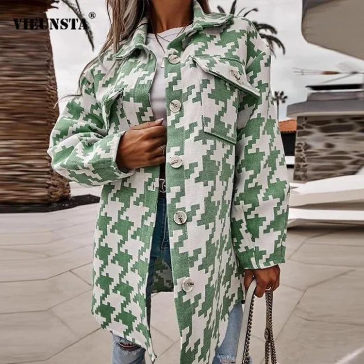 Georgia | Women's Elegant Houndstooth Sweater Jacket  - Color:Green;Size:XS